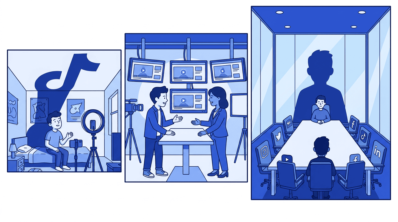 Three connected panels showing a creator's power shift: dwarfed by a platform shadow, then negotiating as equals, then towering over platforms at the head of a boardroom